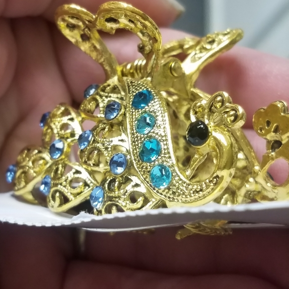 NWT Blue Gems & Gold Enamel Peacock Medium Hair Clip! - Picture 3 of 14